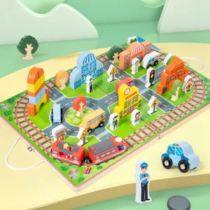 Wooden city track block toy set with vehicles and buildings for kids early educational fun.
