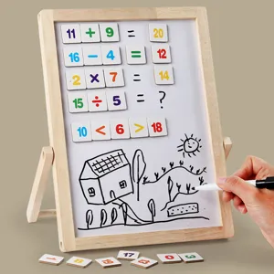Kids wooden magnetic double-sided drawing board educational math toy with number blocks.
