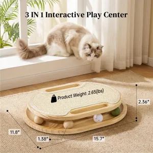 Wooden cat scratcher toy 3 in 1 interactive play center with sisal mat and rolling balls