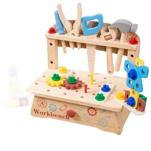 Wooden workbench toy for kids, multi-functional tool bench with gears, nuts and building tools.