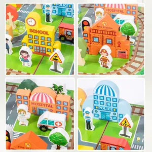 Wooden city railway block set with school hospital and police station buildings for kids.