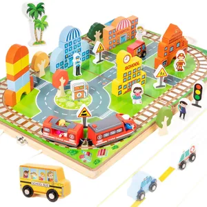 Wooden city track puzzle block toy kids educational early learning traffic scene set