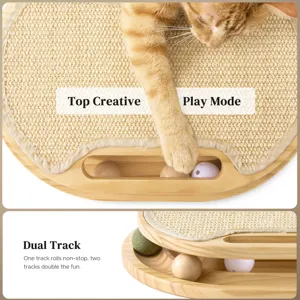 Wooden cat scratching board with ball track and sisal mat, interactive pet toy for cats.