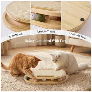 Wooden cat scratcher toy with interactive tracks, sisal mat, and anti-slip pads for fun play.