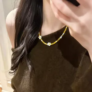 Yellow white beaded flower necklace crystal clavicle chain chic daisy jewelry for women
