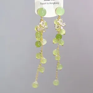 Green zircon butterfly flower tassel earrings, elegant sweet style long dangling jewelry.