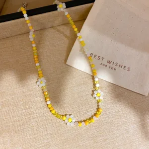 Detailed colorful crystal beaded flower necklace, elegant floral clavicle chain for charming women.