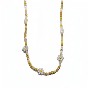 Beaded floral necklace with crystal and colorful beads, stylish clavicle chain jewelry.