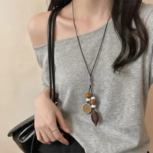 Ethnic style retro botanical wooden bead long necklace, unique niche forest style pendant.