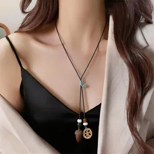 Ethnic retro botanical acorn necklace, chic wooden pendant choker for women, forest style jewelry.