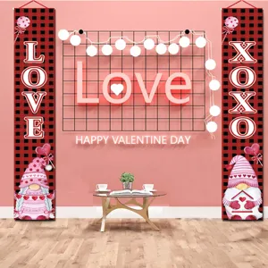Polyester Valentinstag Veranda Schild Hänge Banner Karo Gnom Herz Druck Tür Couplet Für Zuhause Party Feiertag Dekoration