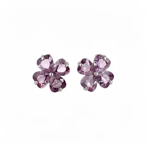 Lucky Heart Four Petal Flower Zirconia Heart Stud Earrings For Women Korean Simple Style Copper Jewelry Gift With Silver Post
