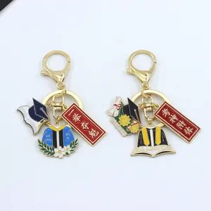 Graduation metal keychain detailed view, cute doctor hat and blessing plaque bag pendant.