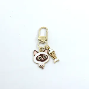 Cute Siamese cat and fishbone metal alloy keychain bag pendant car key ring accessory charm