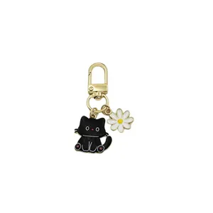 Cute black cat and daisy flower metal keychain bag charm alloy cute accessory for women