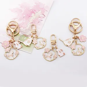 Japanese Style Sakura Rabbit Cat Keychain Cute Wreath Enamel Alloy Bag Charm Pendant For Women Girls Jewelry Accessories Gift