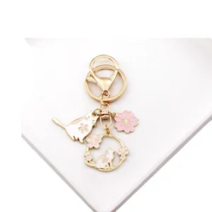Cute Japanese style cat and sakura cherry blossom metal keychain cute bag charm pendant ring.