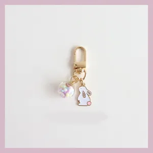 Cute Alloy Cartoon Rabbit Metal Keychain Glass Ball Charm Colorful Beads Pendant For Airpods Bag Decor Key Ring Holiday Gift