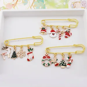 Christmas enamel brooch set gold safety pin with cute reindeer snowman tree gift accessories.