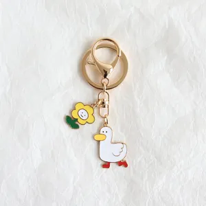 Schattige Cartoon Eend Bloem Emaille Sleutelhanger Metaal Goud Kleur Sleutelring Hanger Tashanger Decoratief Cadeau Voor Studenten