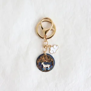 Gold alloy keychain with cute deer pendant and white cloud charm for bags and keys.