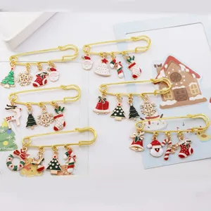 Christmas alloy brooch set featuring cute reindeer, Santa, and snowflake pendants for coats.
