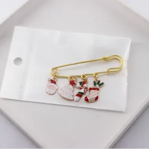 Christmas alloy brooch pin with cute Santa tree candy cane charms for holiday apparel and bags.