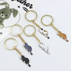 Cute Cartoon Cat Alloy Keychain Creative Animal Pendant Gold Ring Key Chain Car Bag Charm Decoration DIY Accessories Holder Gift