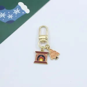 Christmas keychain alloy enamel cute fireplace tree pendant bag charm holiday gift decor
