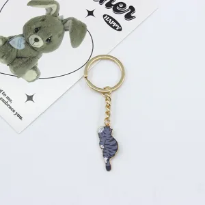 Cute grey striped cat pendant keyring metal alloy detailed shot showing cute design.