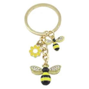 Cute crystal bee keychain alloy enamel daisy flower bag charm gold keyring accessories gift