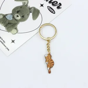 Cute Lying Cat Keychain Metal Enamel Orange Tabby Cat Key Ring Bag Charm Accessory