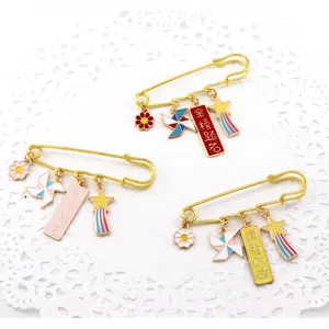 Exam blessing metal brooch pin with cute charms like windmill and flower design for students.