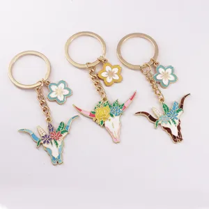 Amerikanischer Western Stierkopf Schlüsselanhänger Blumenkranz Kuhschädel Schlüsselring Zinklegierung Auto Tasche Anhänger Für Damen Herren Schmuck