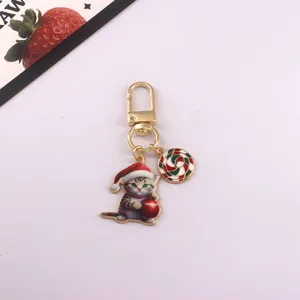 Christmas Cute Cat Keychains Alloy Santa Hat Candy Bag Pendant Cute Daily Accessories