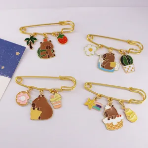 Cute cartoon capybara enamel brooch pin set, gold safety pin metal badge bag accessory.
