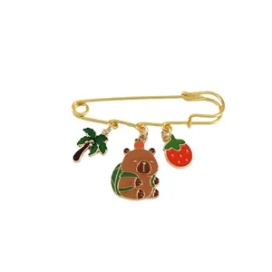 Cute capybara enamel safety pin brooch with charms, lovely alloy decorative badge for apparel.