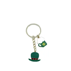 St. Patrick's Day green shamrock hat and beer mug keychain metal bag pendant front view