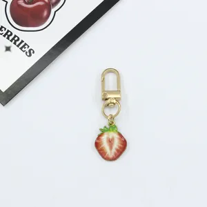 Metal strawberry slice keychain cute enamel bag charm fruit pendant key ring accessory