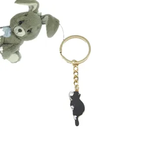 Cute black cat keychain metal pendant with gold ring and chain accessory for bag car