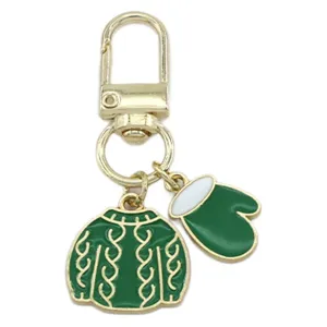 Christmas green sweater and mitten keychain, cute metal alloy charm for keys and bags.