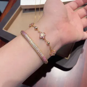 Exquisite gradient zircon flower charm bracelet and shiny crystal bangle for women luxury jewelry