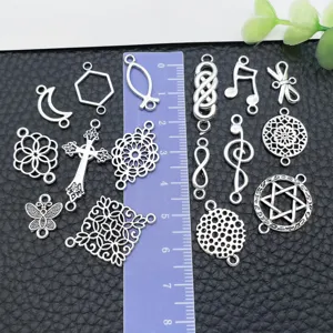 Vintage antique silver DIY jewelry charms connectors cross music note hollow flower metal pendants