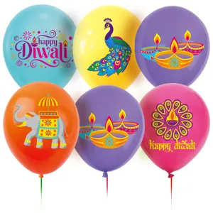 Diwali Party Decorative Latex Balloons Happy Diwali Elephant Peacock Traditional Oil Lamp Print Round Balloon Home Decor Supplies