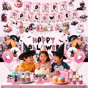 Rosa Halloween Party Deko Set mit Bannern Luftballons Tortenauflegern und Hängedekoration.