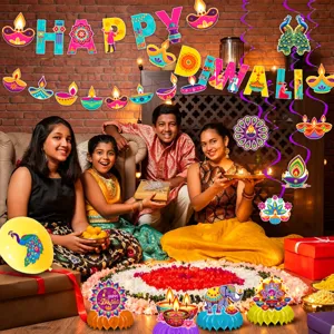 Diwali party decorations set with hanging swirls, banners and honeycomb centerpieces.