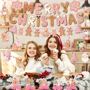 Christmas gingerbread man party decoration set merry christmas banner hanging swirls