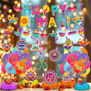 Detailed view of colorful Diwali party hanging swirls, honeycomb centerpieces, and festive banners.