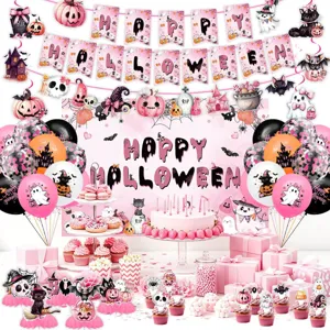 Rosa Halloween Party Deko Set mit Girlanden, Luftballons und süßen gruseligen Toppern.