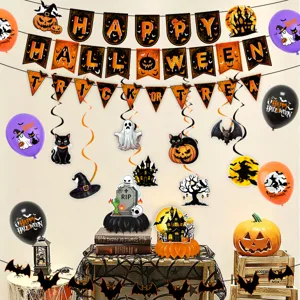 Halloween Party Dekoration Set mit Banner, Luftballons, Hängedekoration und Waben Dekorationen.